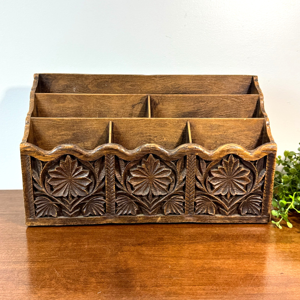 Vintage Lerner Faux Wood Desktop Organizer Mail Letter Sorter Carved